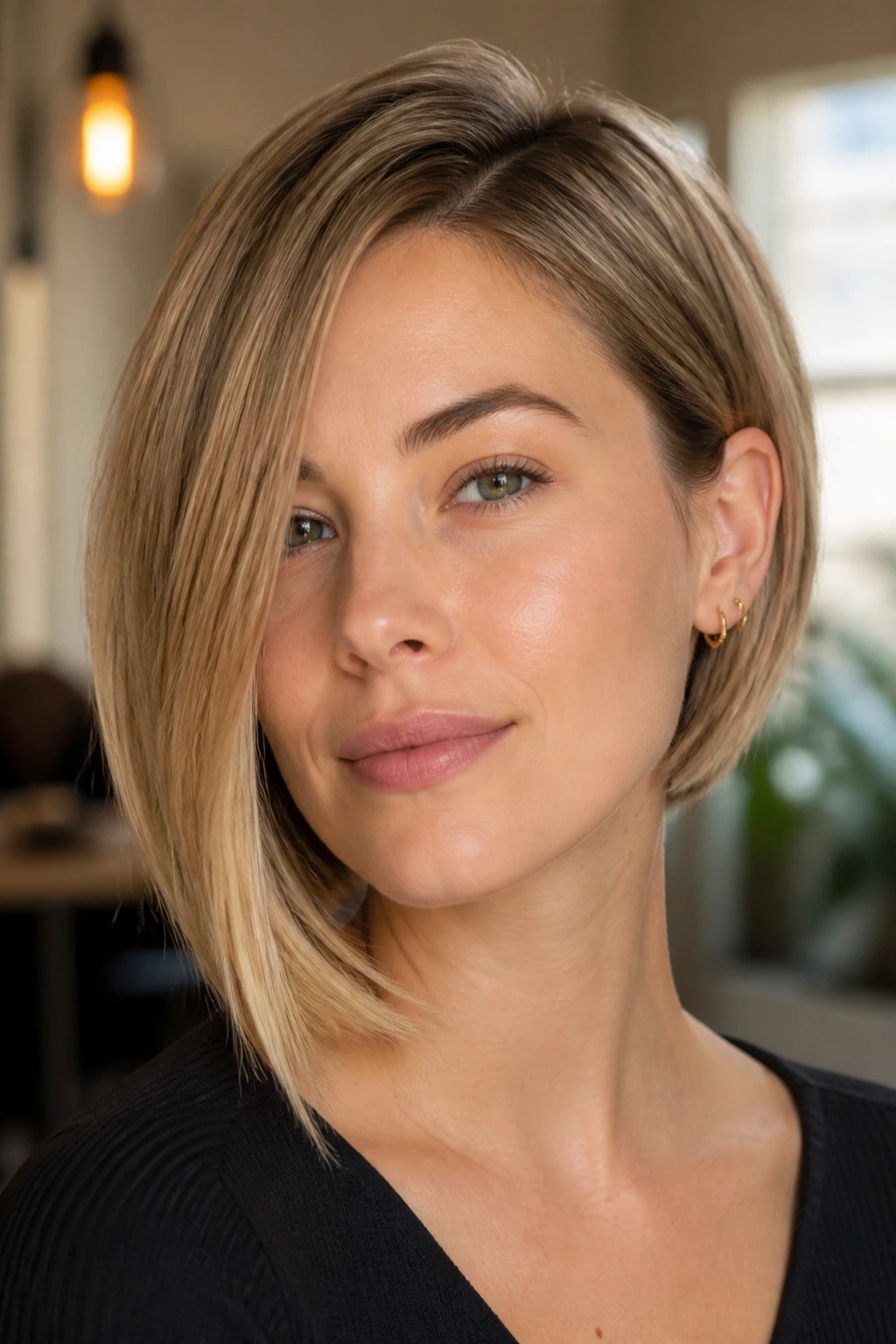 Real-person portrait showing fine-hair illusion bob with shorter side tucked and off-center part.