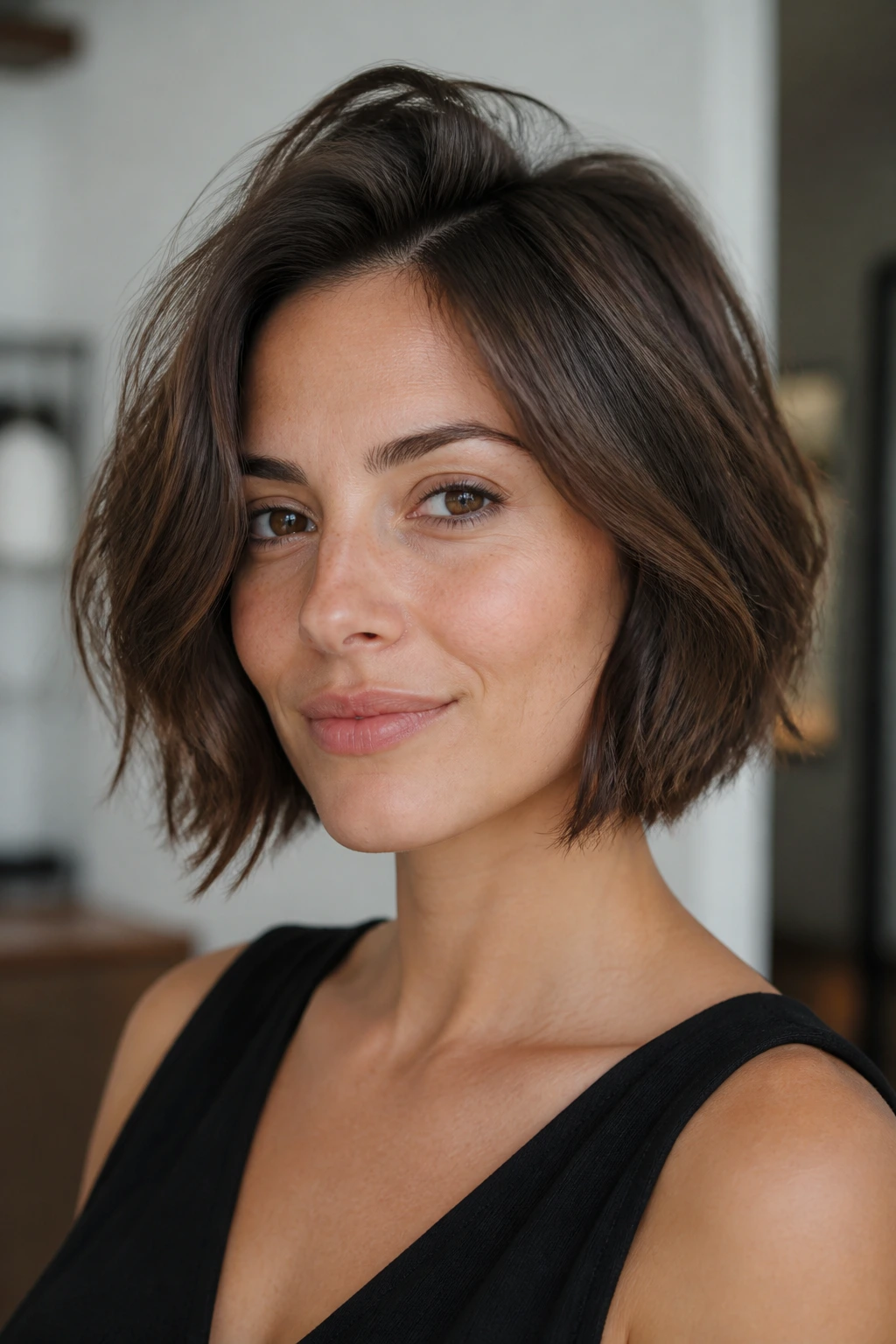 Close-up portrait of a real person with fine-hair Italian bob and root lift