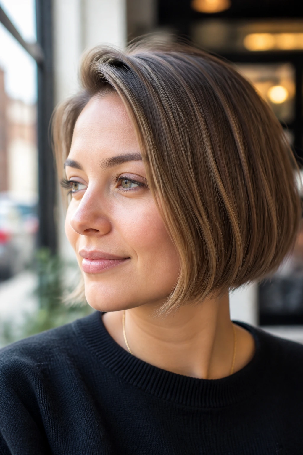 Portrait of a real woman with fine-hair Italian bob and root lift.