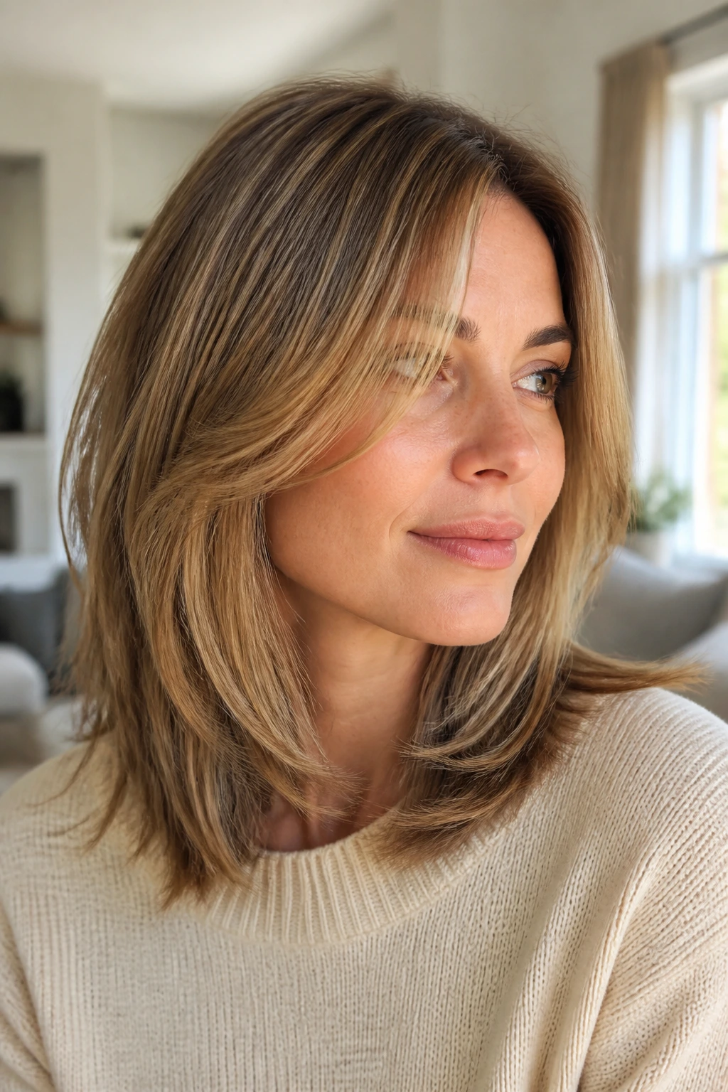 Close-up of a real woman with fine shoulder-length hair and long soft layers