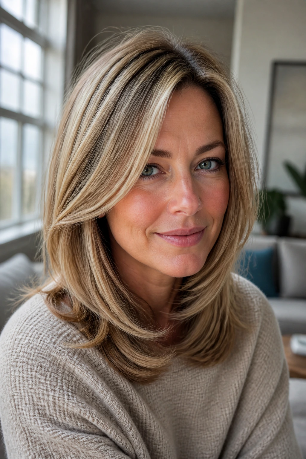 Portrait of a real woman with fine layered hair showing lift at the crown.