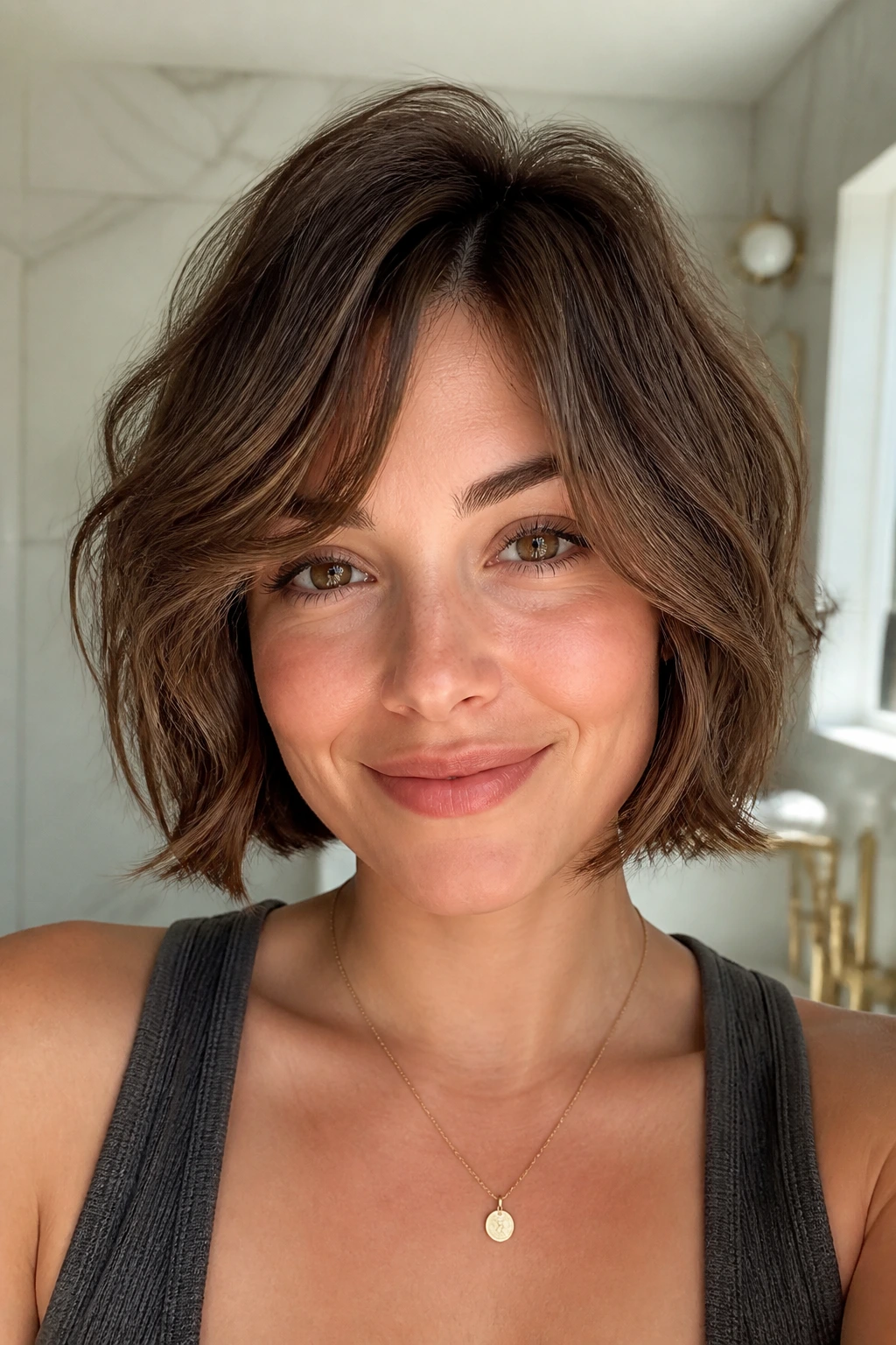 Close-up portrait of a real woman with a fine-hair lift bob in a modern bathroom.