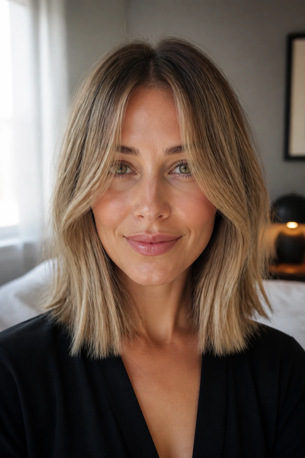 Close-up portrait of a real woman with shoulder-length blunt cut and center-part bangs