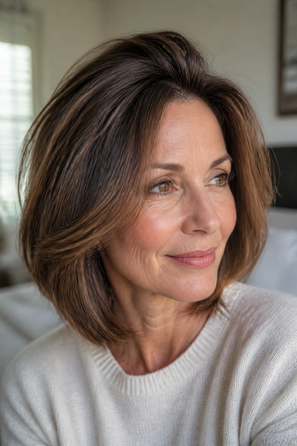 Close-up of a real woman with fine brunette hair showing lifted roots at the crown for volume