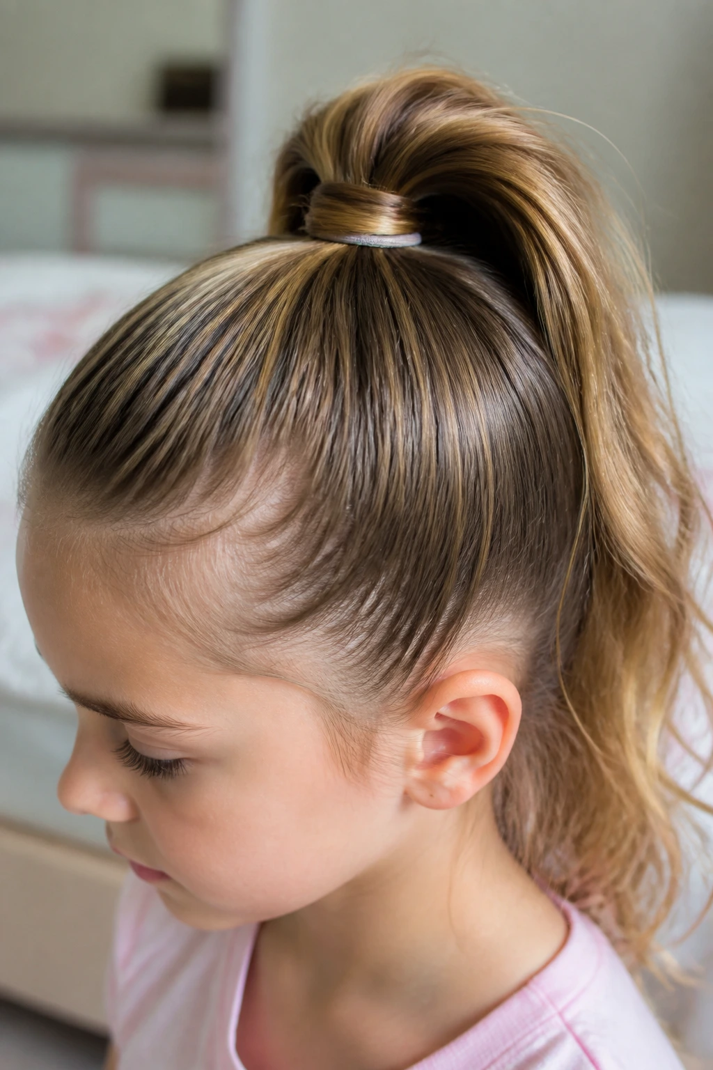 Close-up of a child with a fine-hair lift pony showing a high-root pony and second elastic