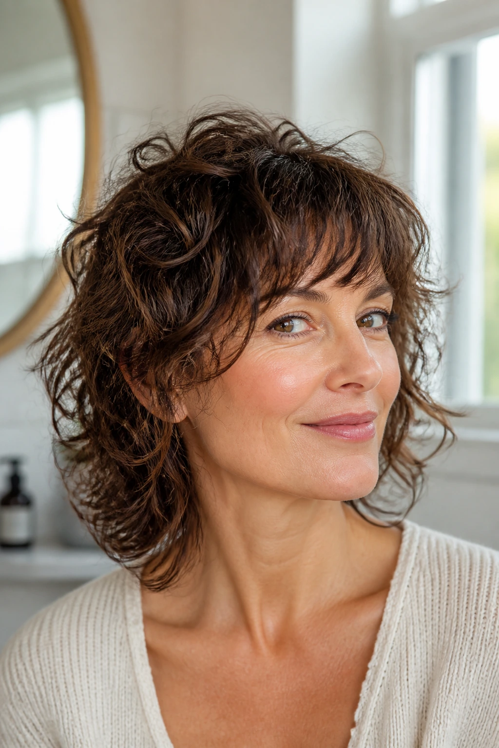 Close-up of a real woman with fine curled hair and crown lift in a bright room