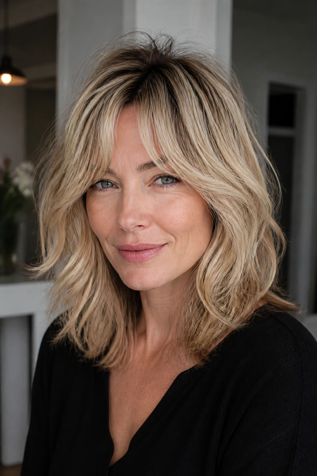 Close-up of a real woman with fine-hair lift shag showing lifted crown