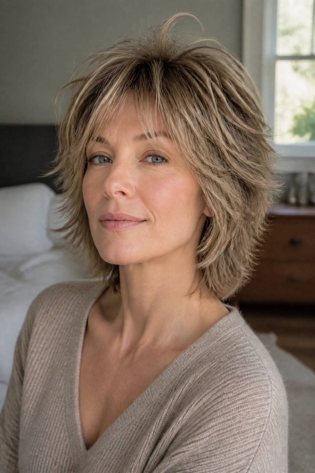 Real woman with crown-lifted fine-hair shag in natural window light.