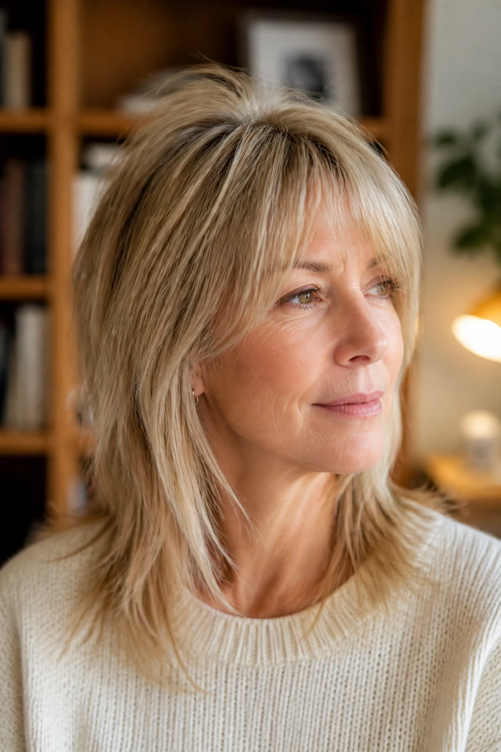 Close-up portrait of a real person with fine-hair lift shag