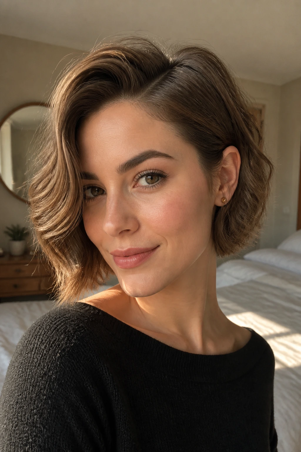 Close-up of a real woman with a fine-hair lift hairstyle featuring crown lift and side part