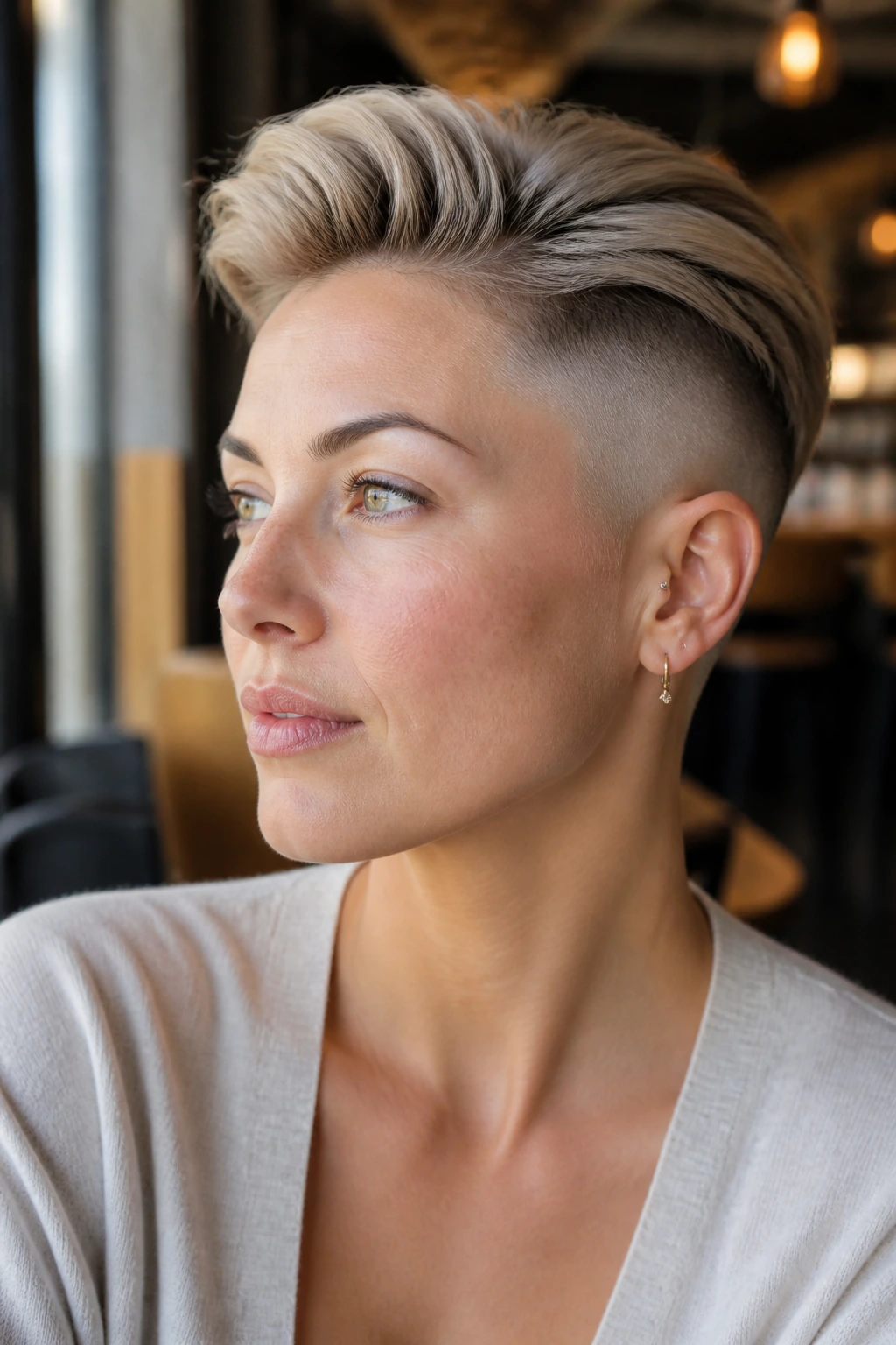 Close-up of a real person with fine-hair lift side fade and elevated crown.