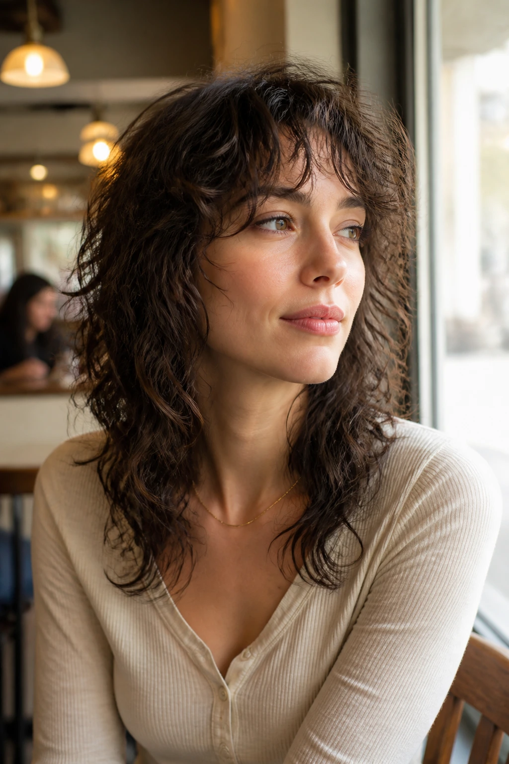Close-up of a real woman with Fine-Hair Lift Wolf hairstyle