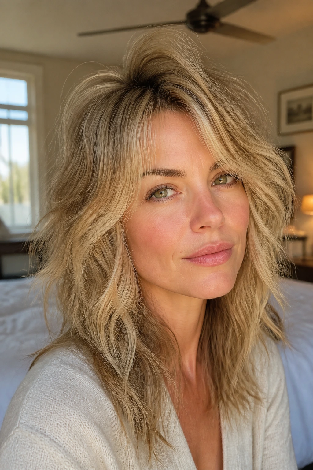 Close-up of real woman with Fine-Hair Lifted Shag in bedroom light