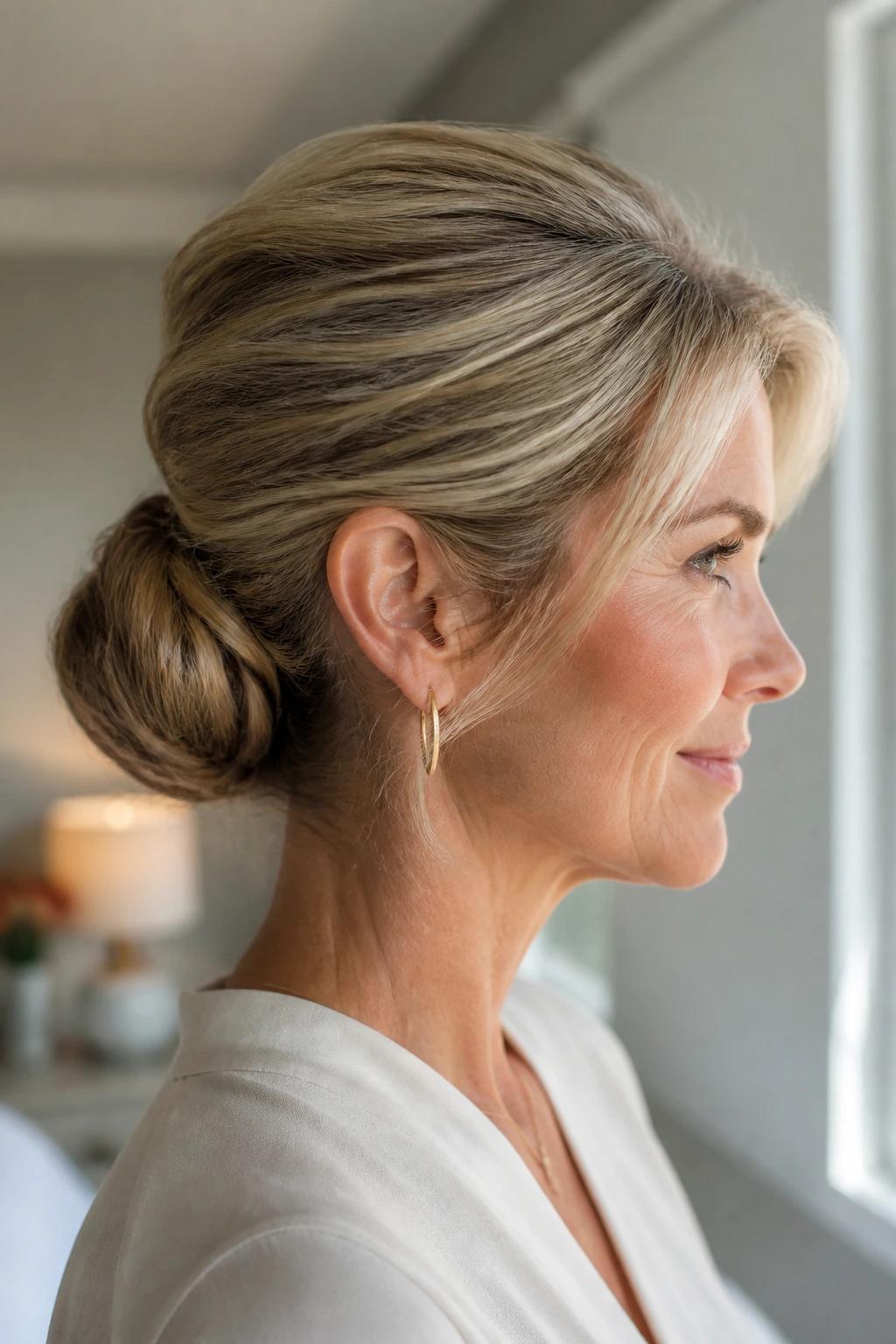 Close-up of a real woman with a lifted crown bun showing volume at the top