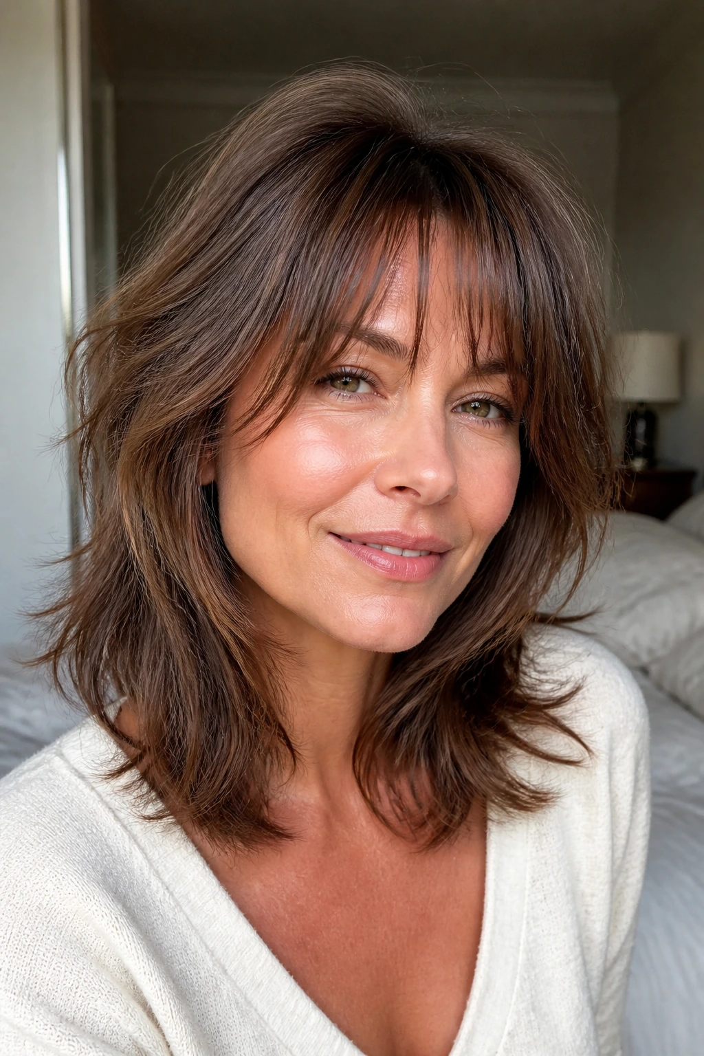 Close-up portrait of a real woman with fine-hair lifted shag featuring crown lift.