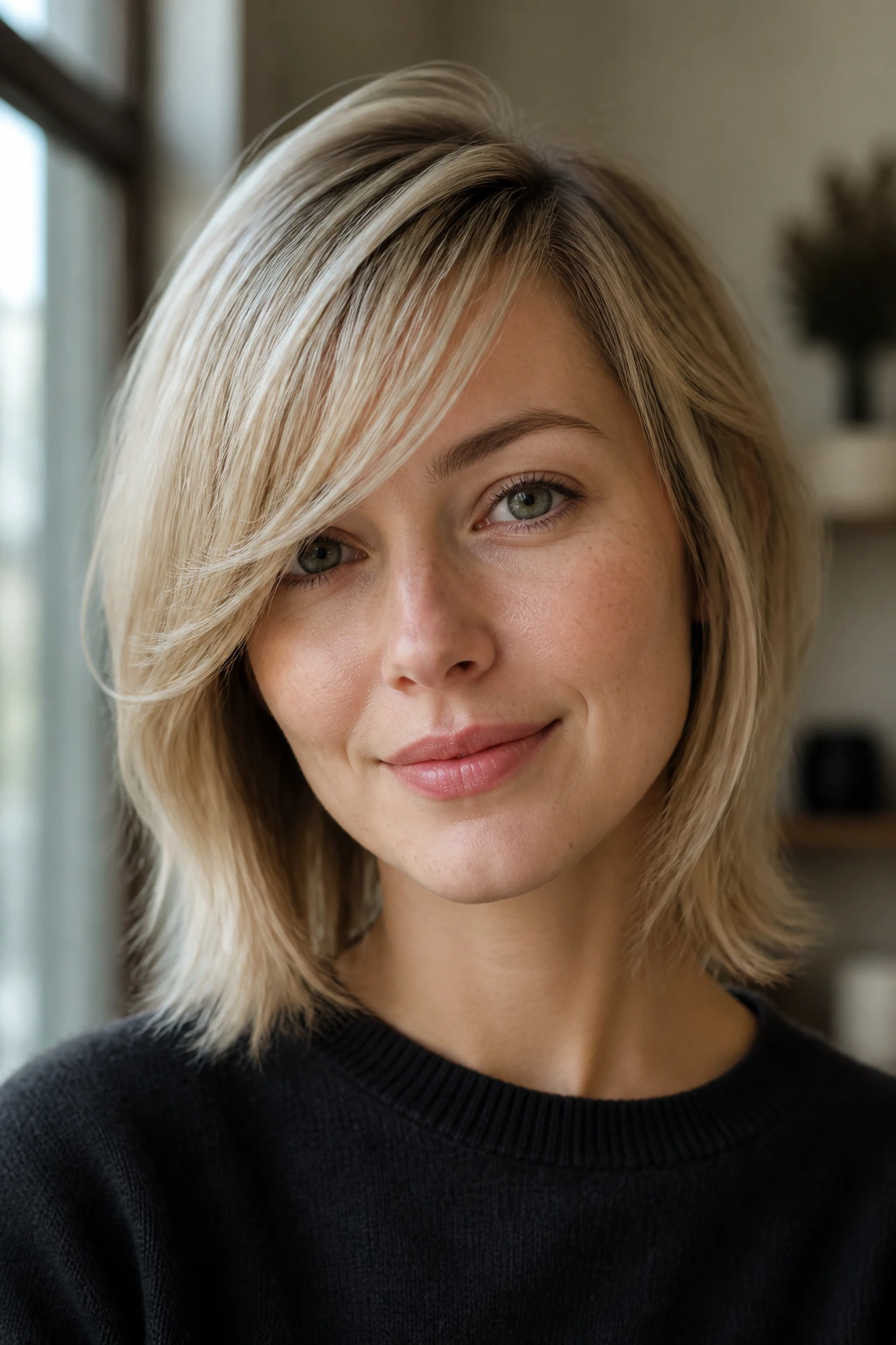 Close-up portrait of a real person with a lifted, airy fringe for fine hair.