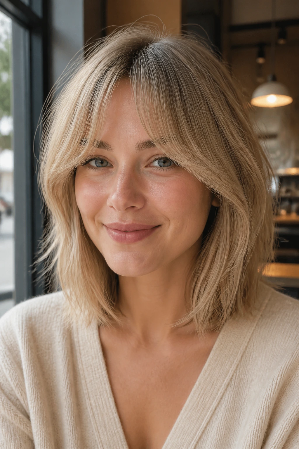 Close-up portrait of a real woman with fine hair lob and soft curtain bangs in natural light