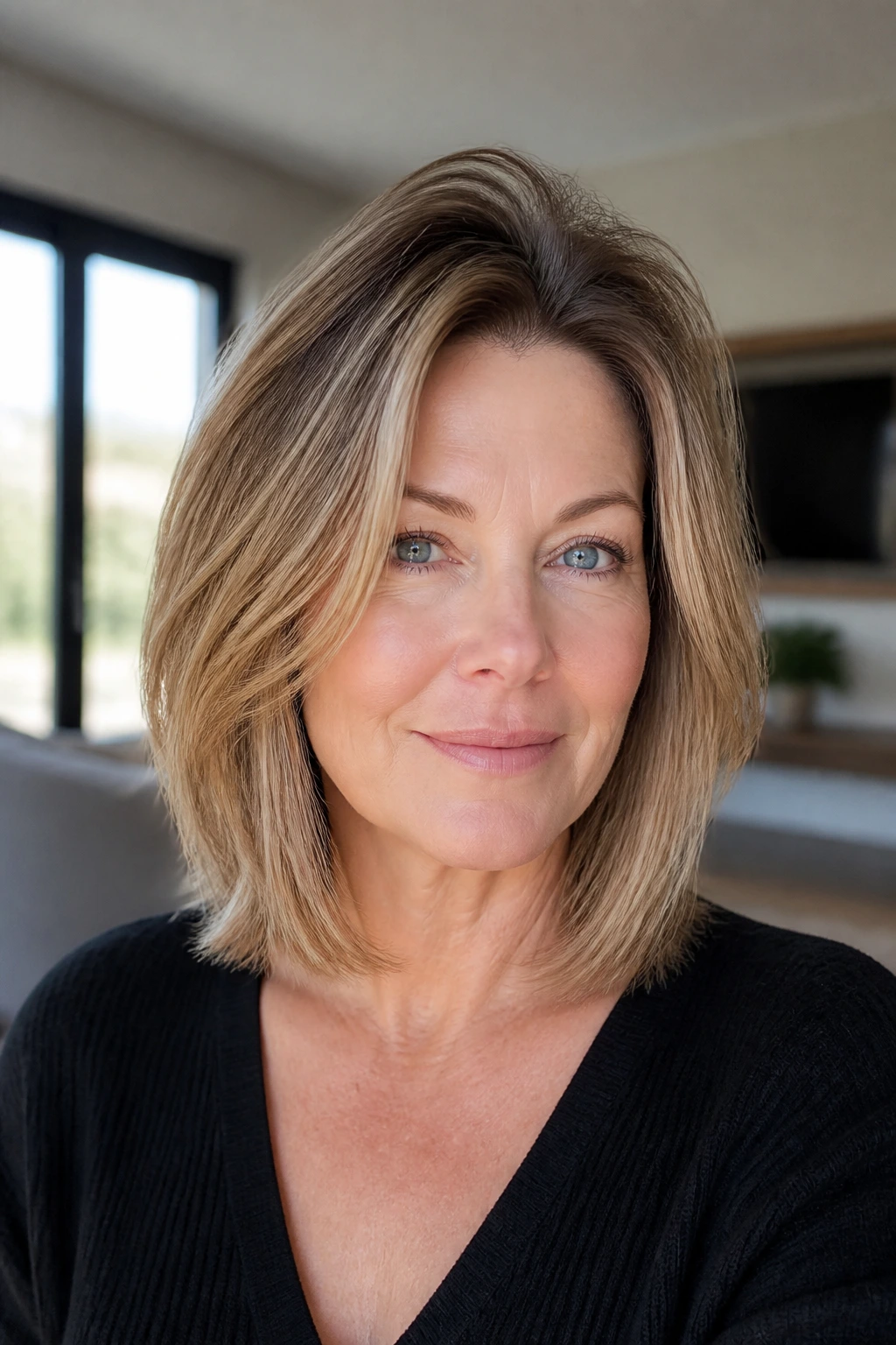 Portrait of a woman with fine-hair lob and crown lift, hair lifted at crown, natural light.