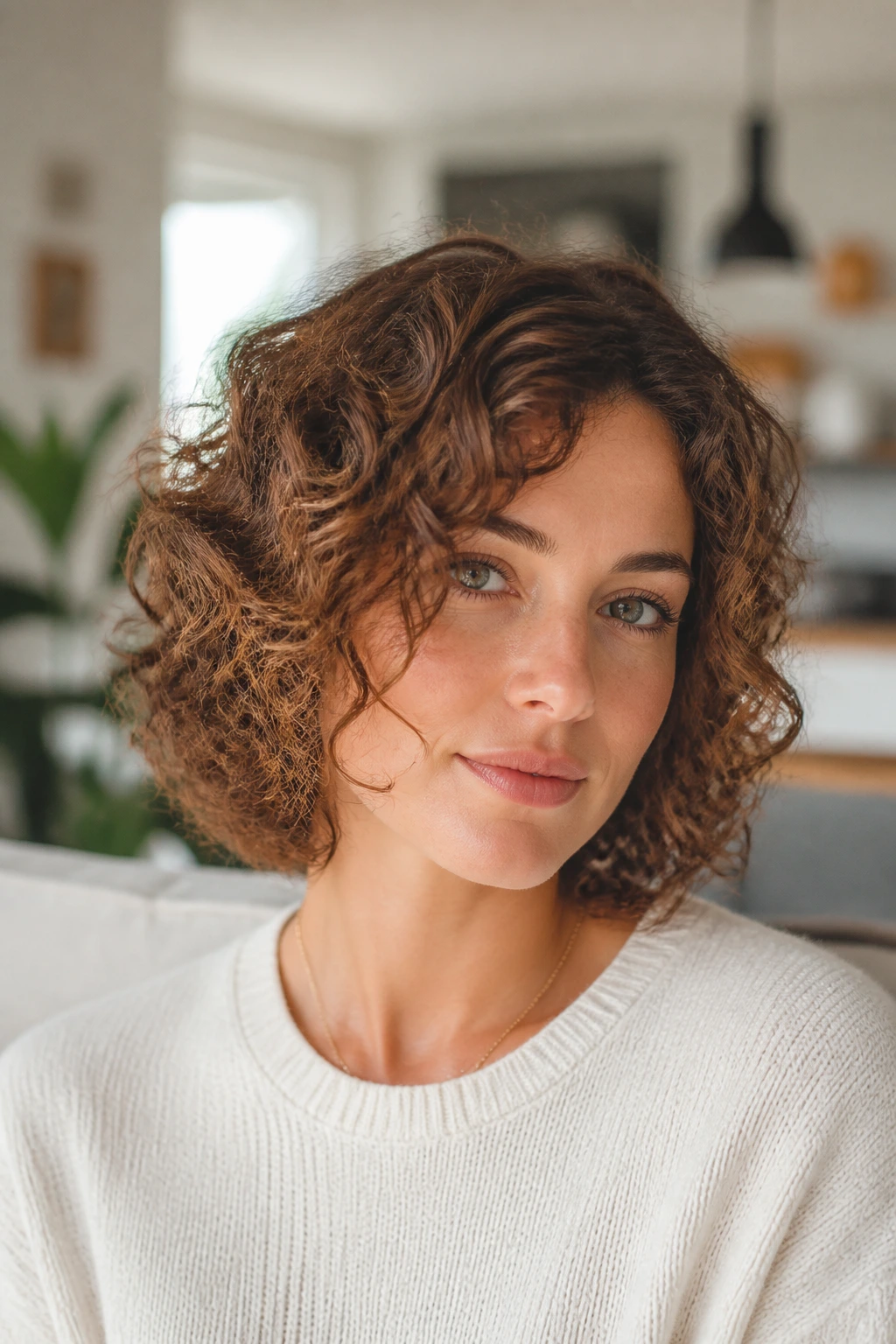 Close-up of a real woman with a fine-hair curly lob and strategic layers