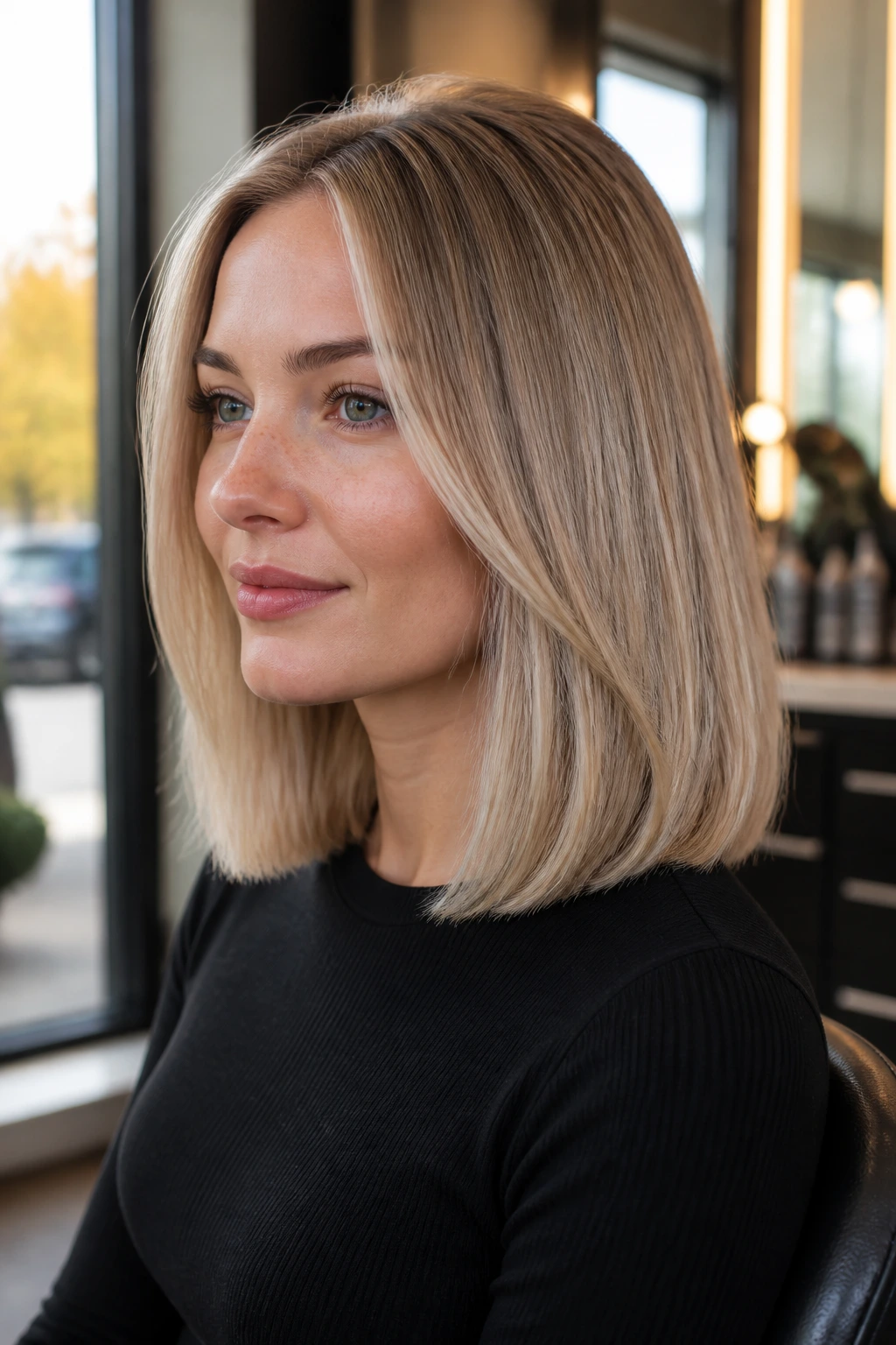 Close-up of a real woman's fine hair with blunt ends and lifted crown