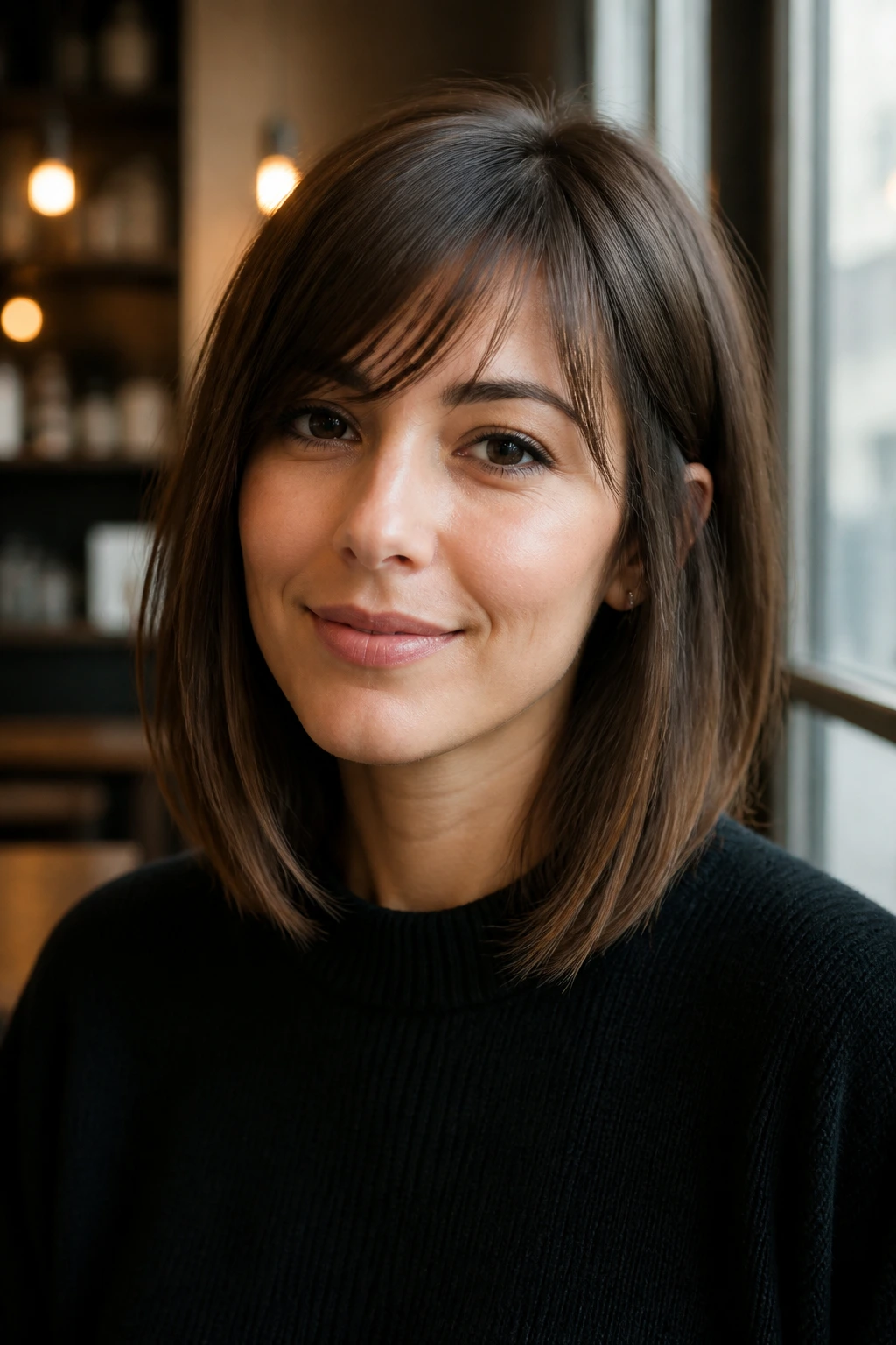 Close-up portrait of a real person with a fine-hair lob and lightweight side bangs.