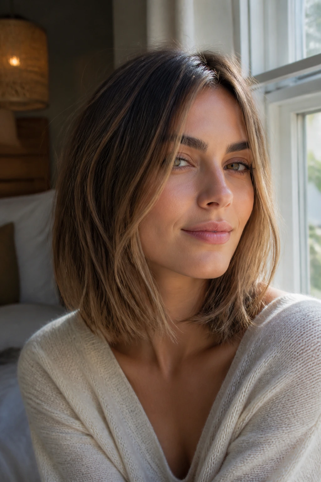 Close-up of a real woman with a fine-hair boost lob at collarbone length under warm window light
