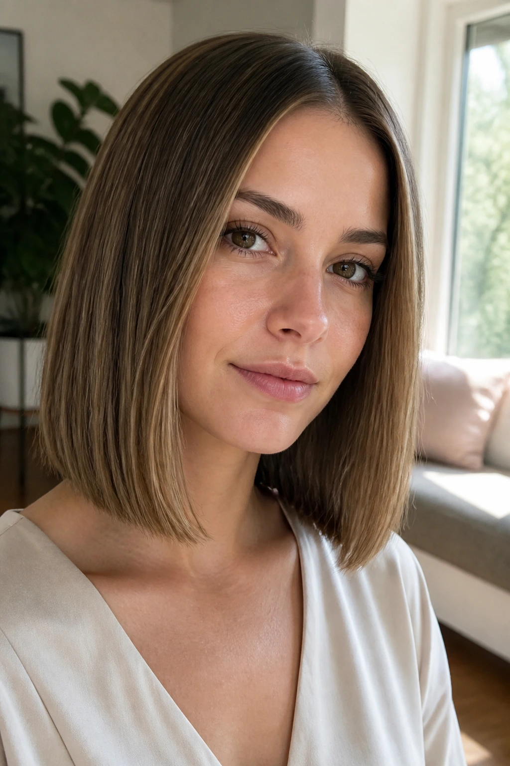 Close-up portrait of a real woman with a blunt lob for fine hair