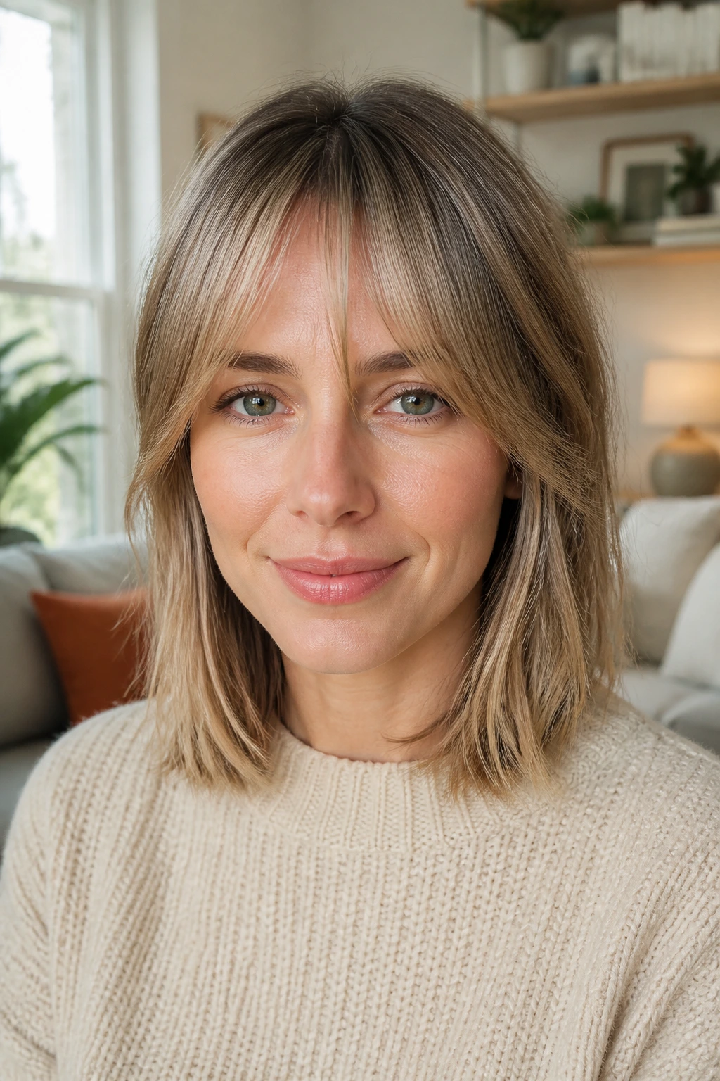 Close-up portrait of a woman with fine hair and long light bangs