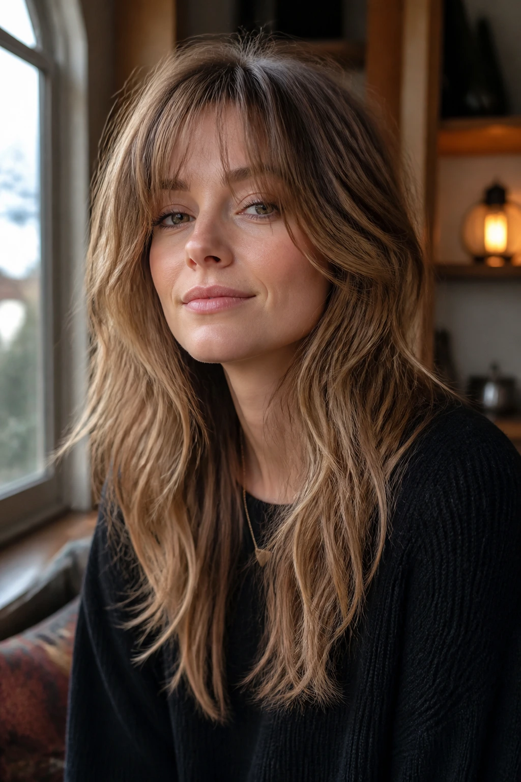 Close-up portrait of a real woman with Fine-Hair Long Shag hairstyle