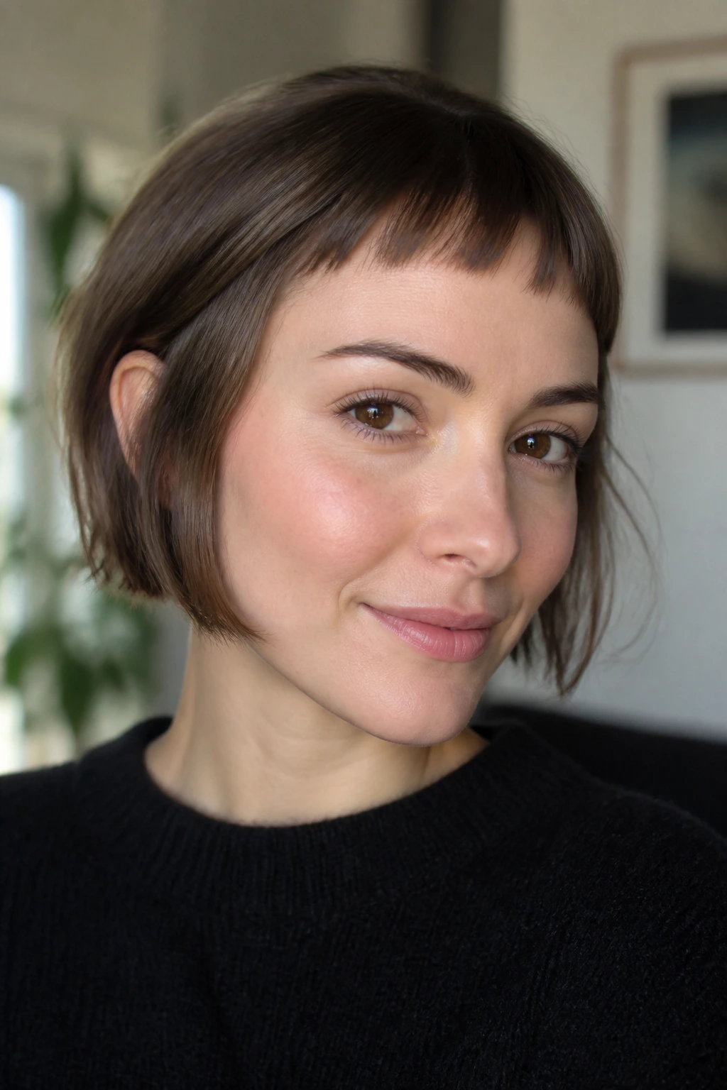 Close-up of a real woman with light, fine micro bangs.