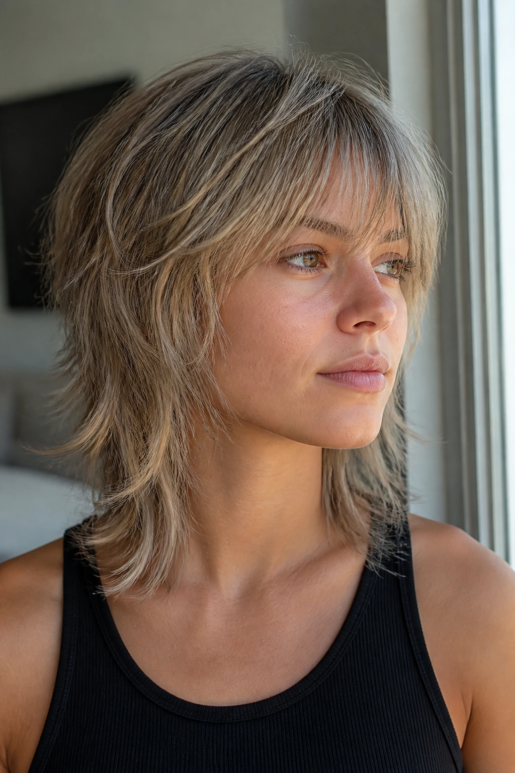 Portrait of a real person with fine-hair micro-layer shag for lift