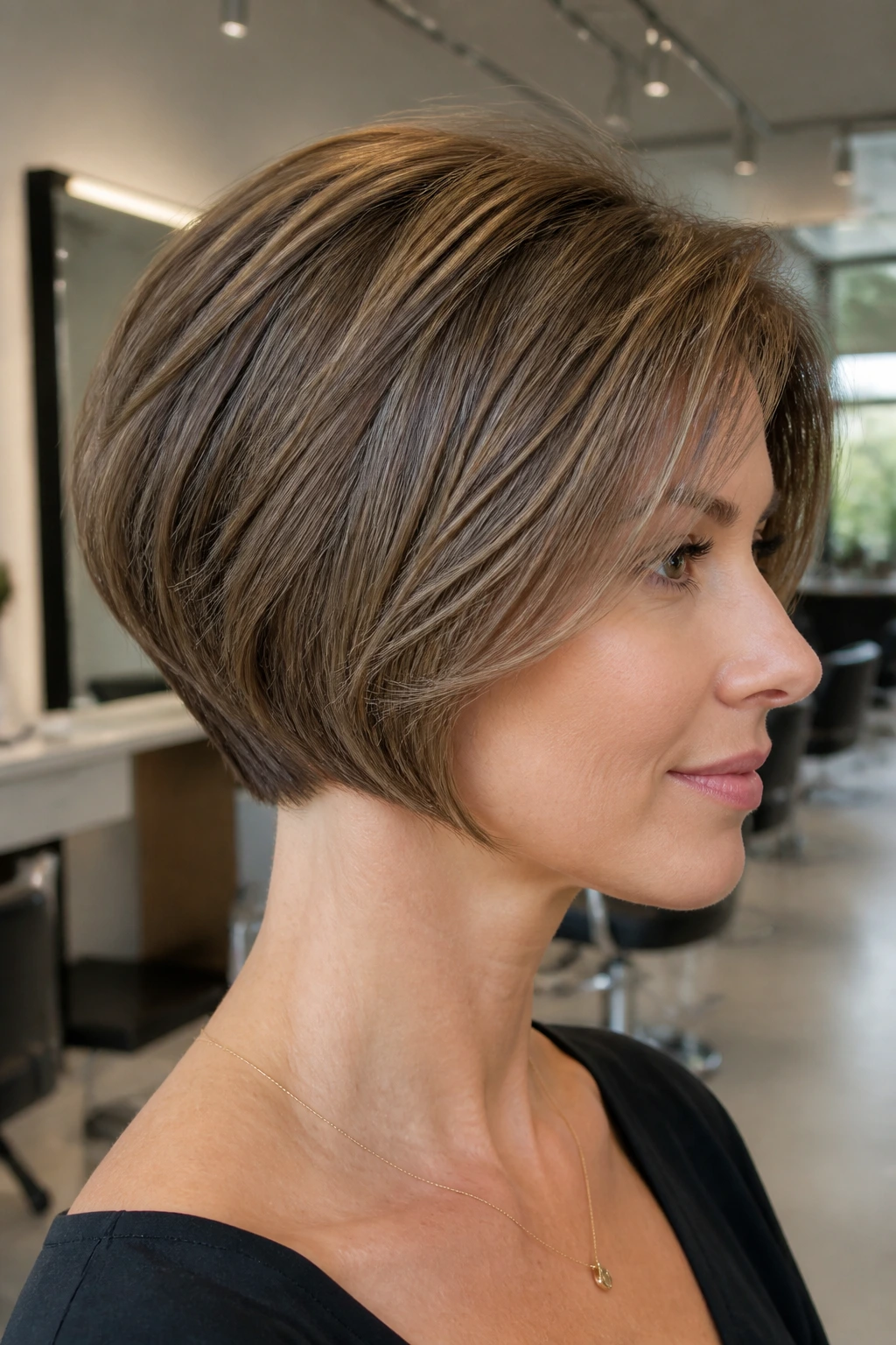 Real woman with fine-hair mini stack close-up in modern salon