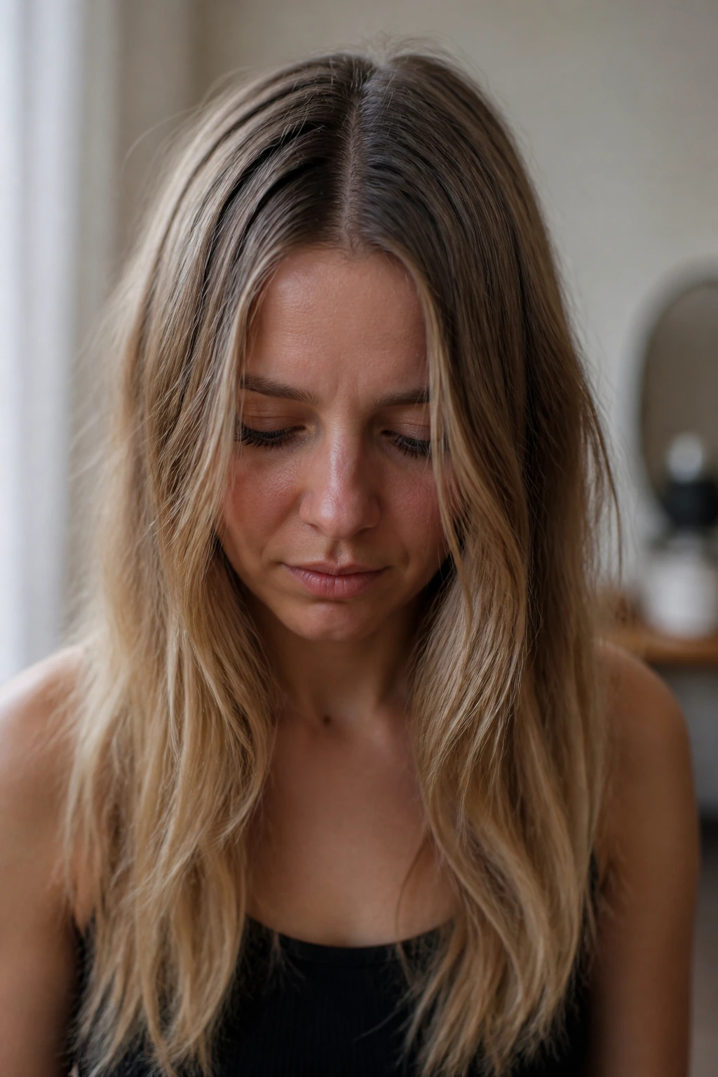Portrait of a woman with weighed-down roots and flat waves illustrating mistakes