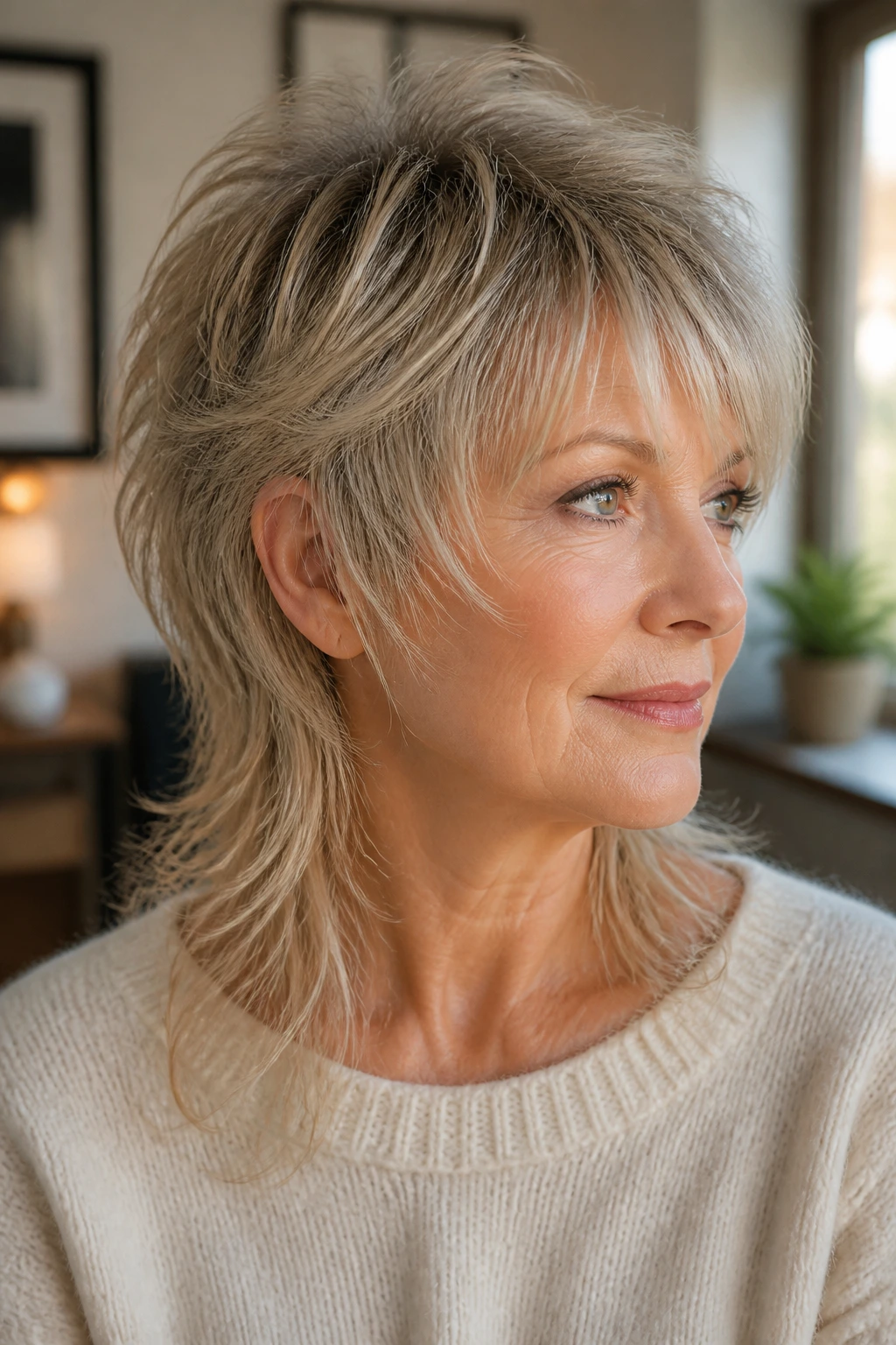 Close-up portrait of a real woman with a fine-hair airy mullet showing micro layers and crown lift in warm window light
