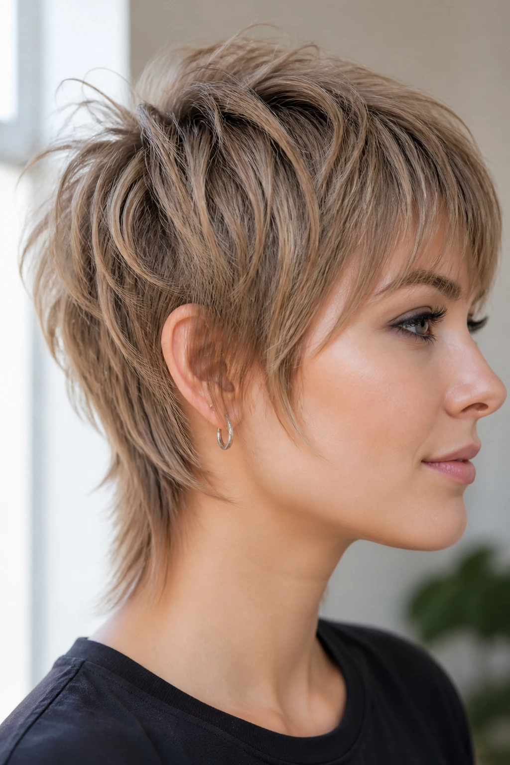 Close-up portrait of a real person with fine hair mullet showing lifted crown and nape tail