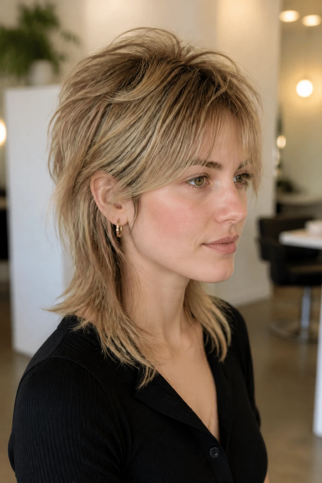 Real woman with Fine-Hair Mullet Built Around Crown Lift hairstyle