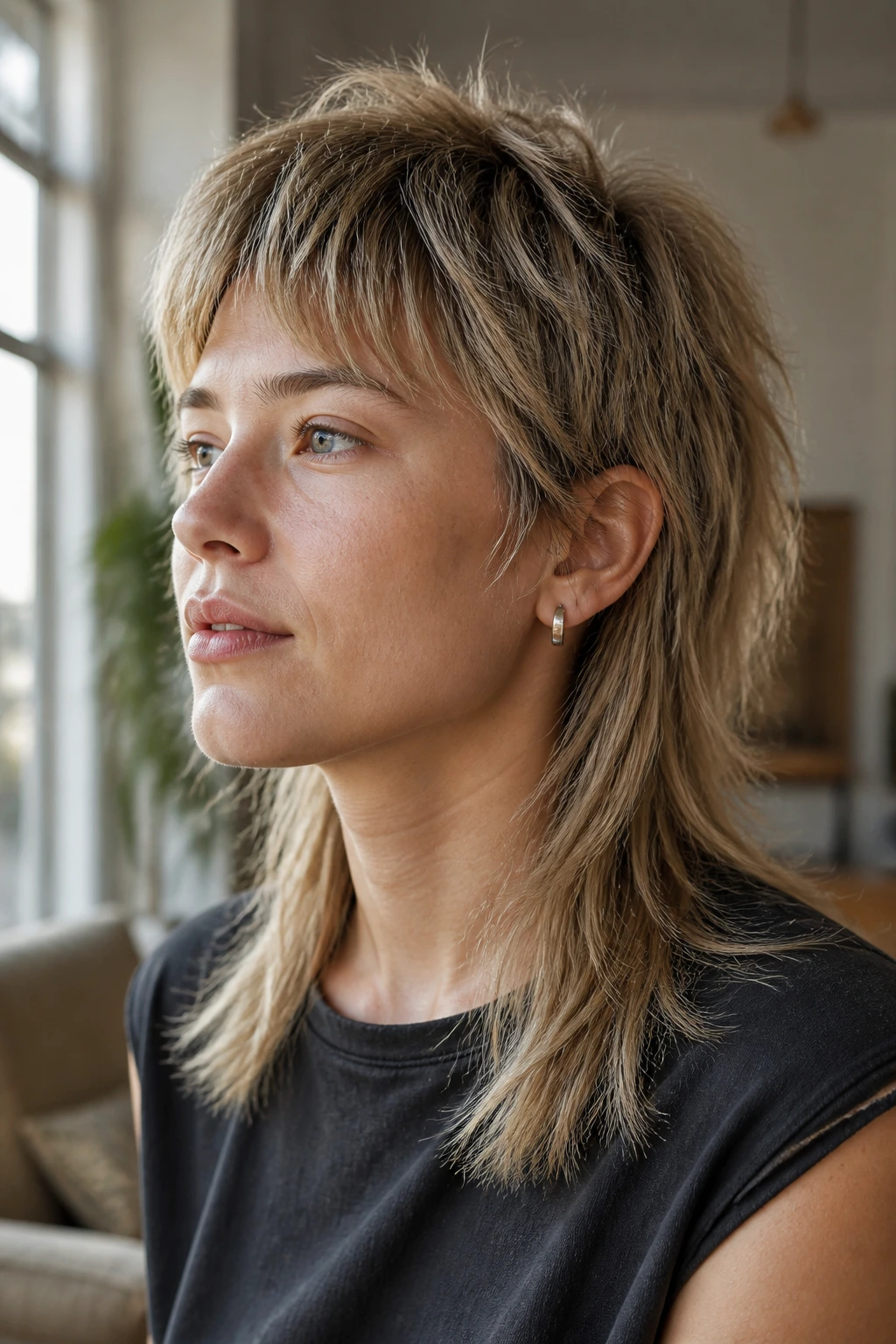 Close-up portrait of a real person with fine hair mullet showing root lift and soft ends by a sunlit window.