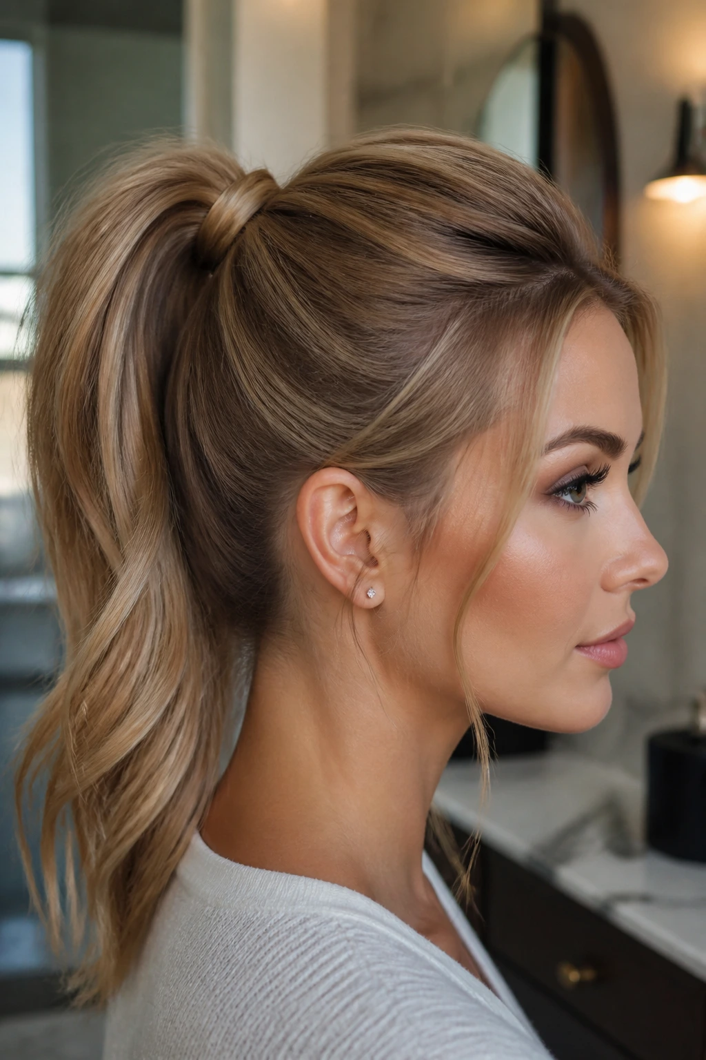 Close-up of a real woman with a padded crown high ponytail