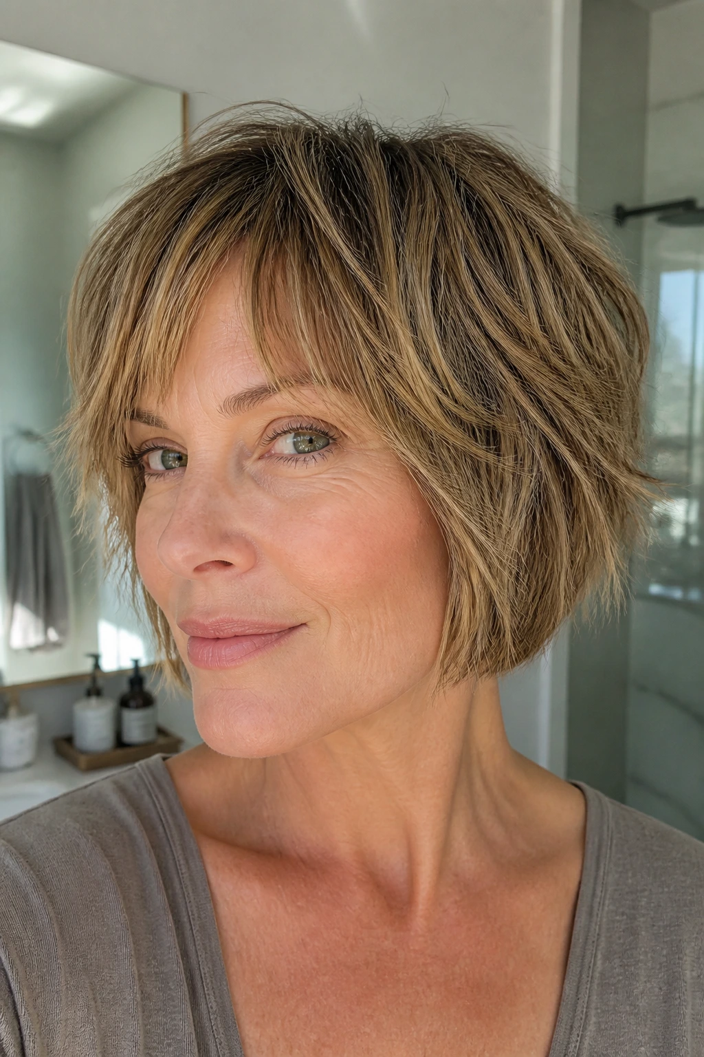 Close-up portrait of a woman with fine-hair piecey bob shag