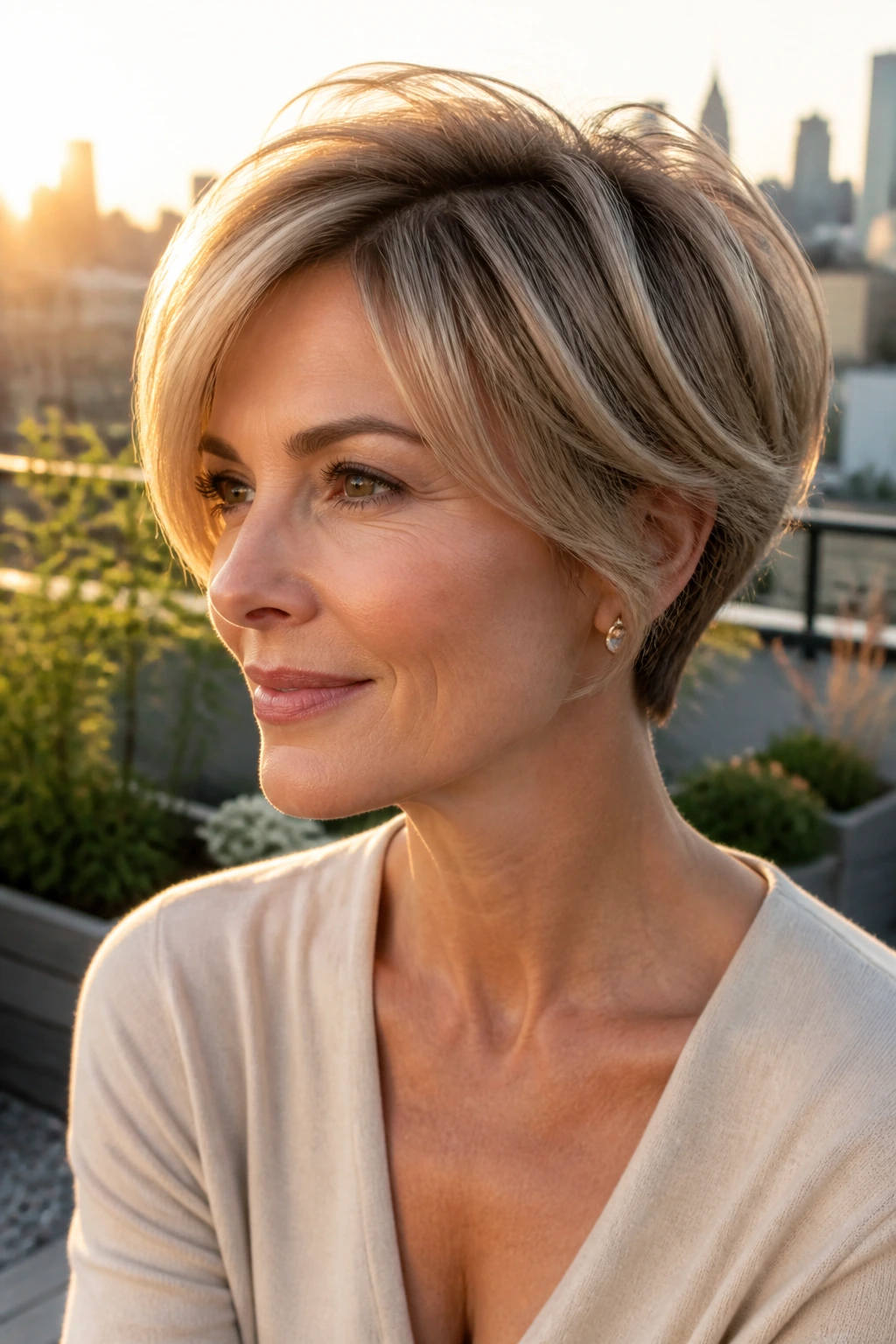 Real woman with lifted pixie bob for fine hair in golden hour rooftop setting.