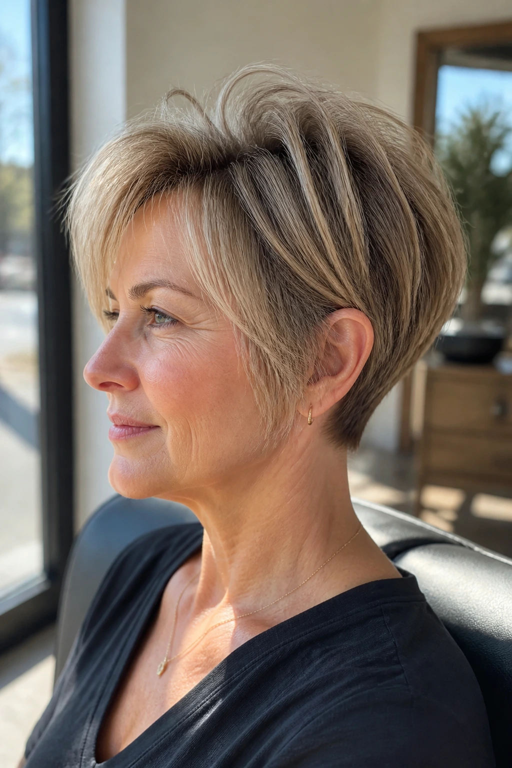 Portrait of fine hair pixie bob with crown lift in salon window light