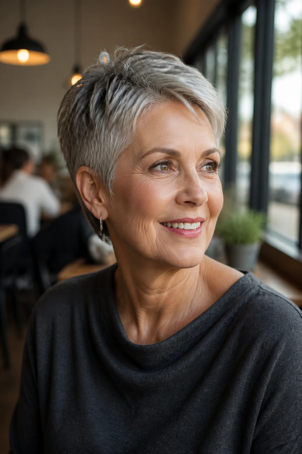 Close-up portrait of a mature woman with pixie-cut hair showing lift on fine hair