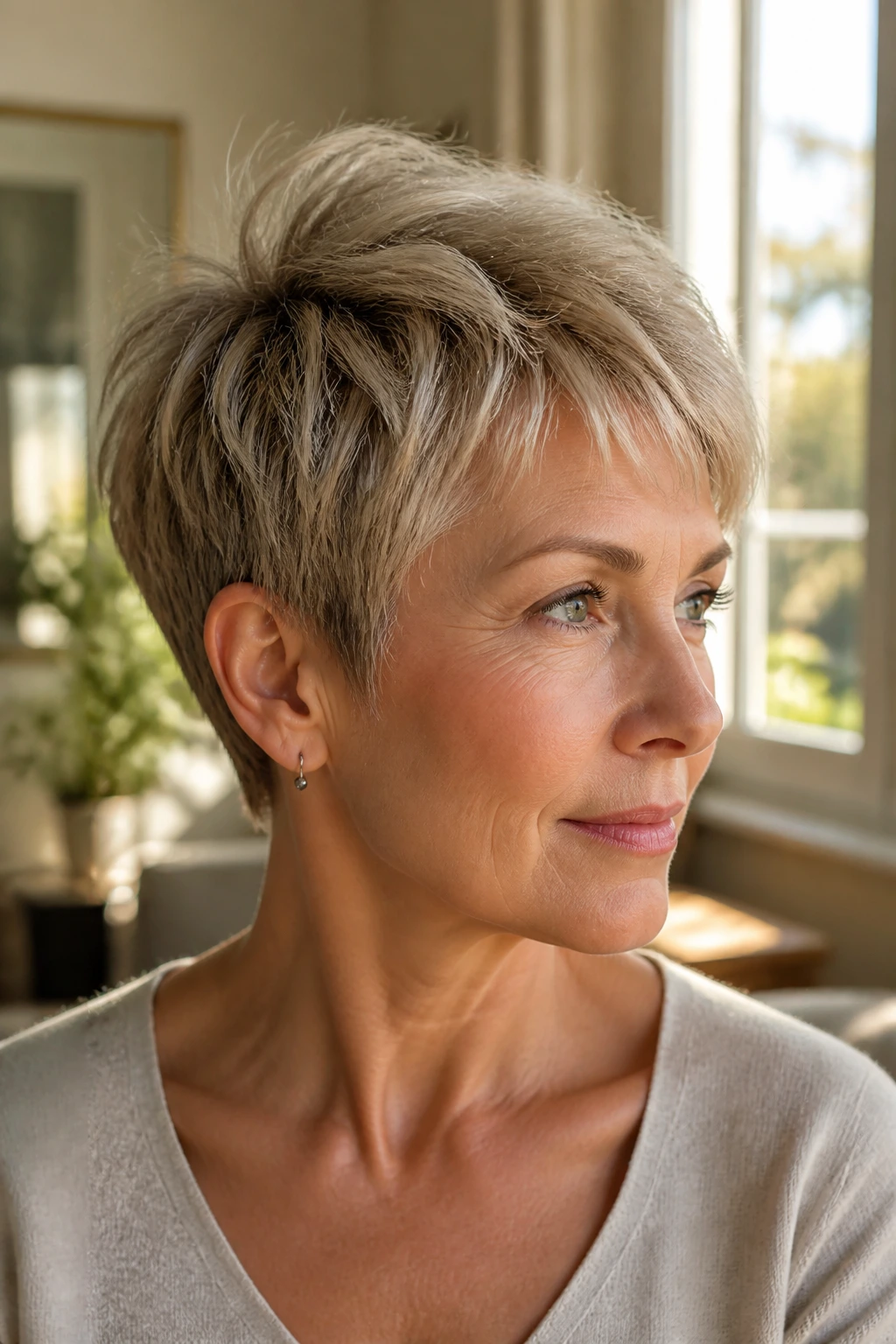Portrait of a real woman with a fine-hair lift pixie showing crown lift