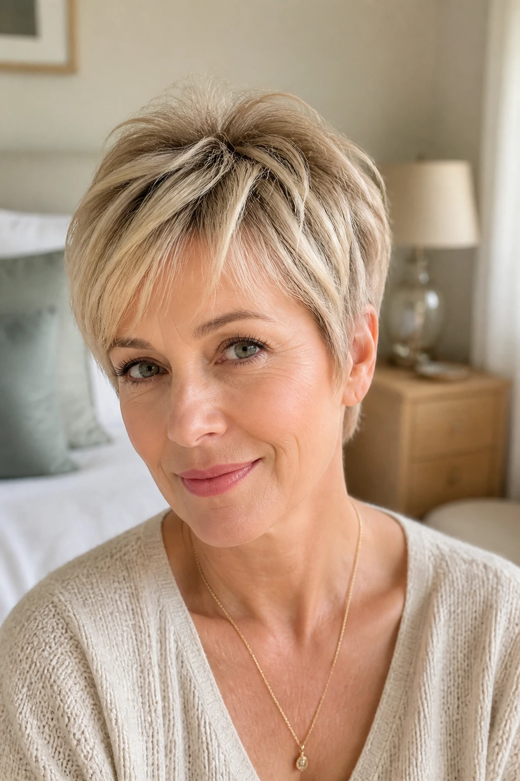 Close-up of a fine-hair soft pixie with lift at the crown.