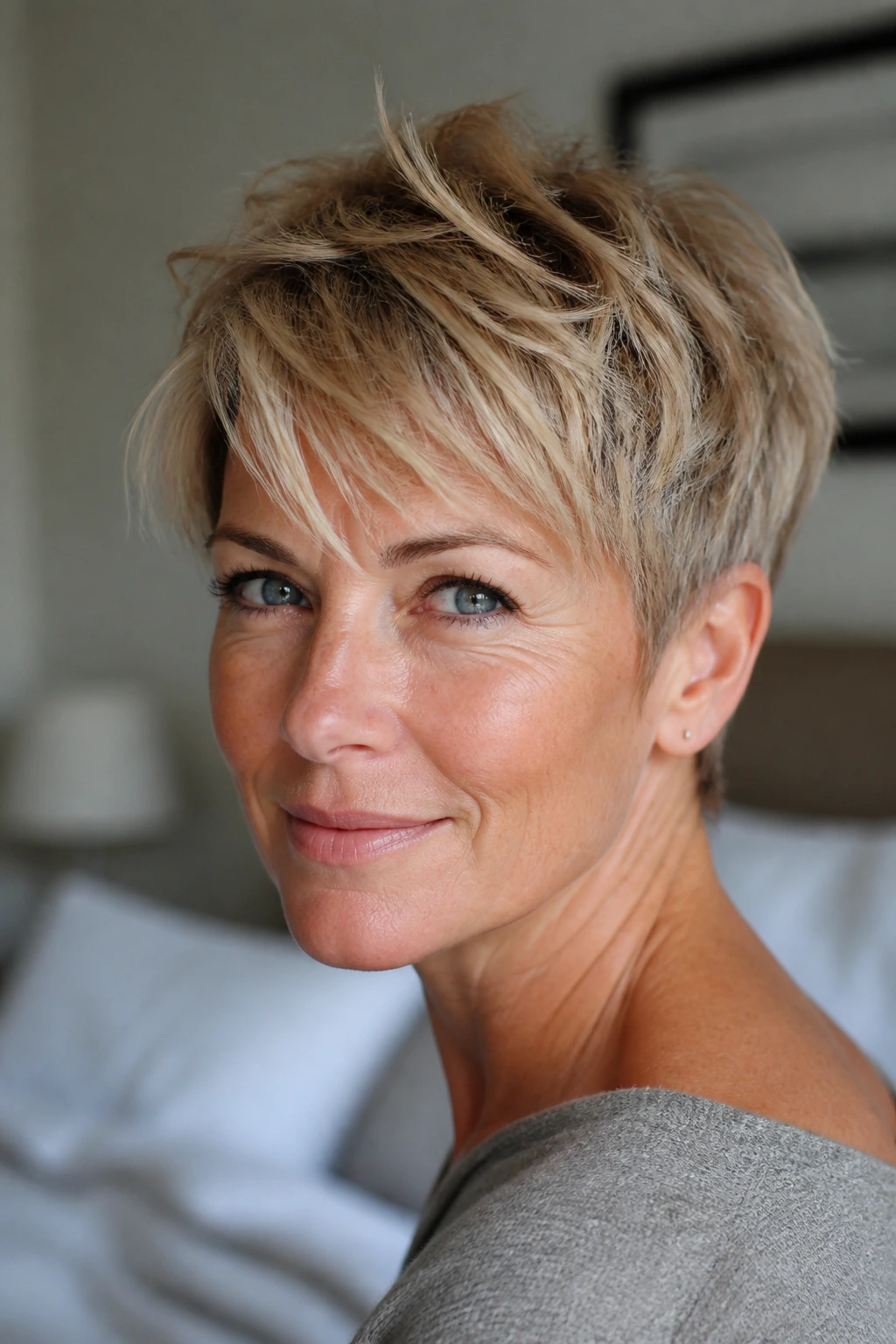 Close-up of real woman with tousled fine-hair pixie under natural window light