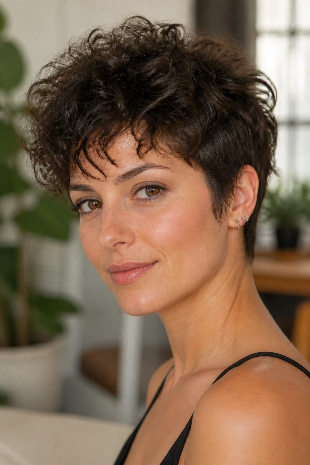 Close-up portrait of a real person with crown lift on fine curly pixie wolf