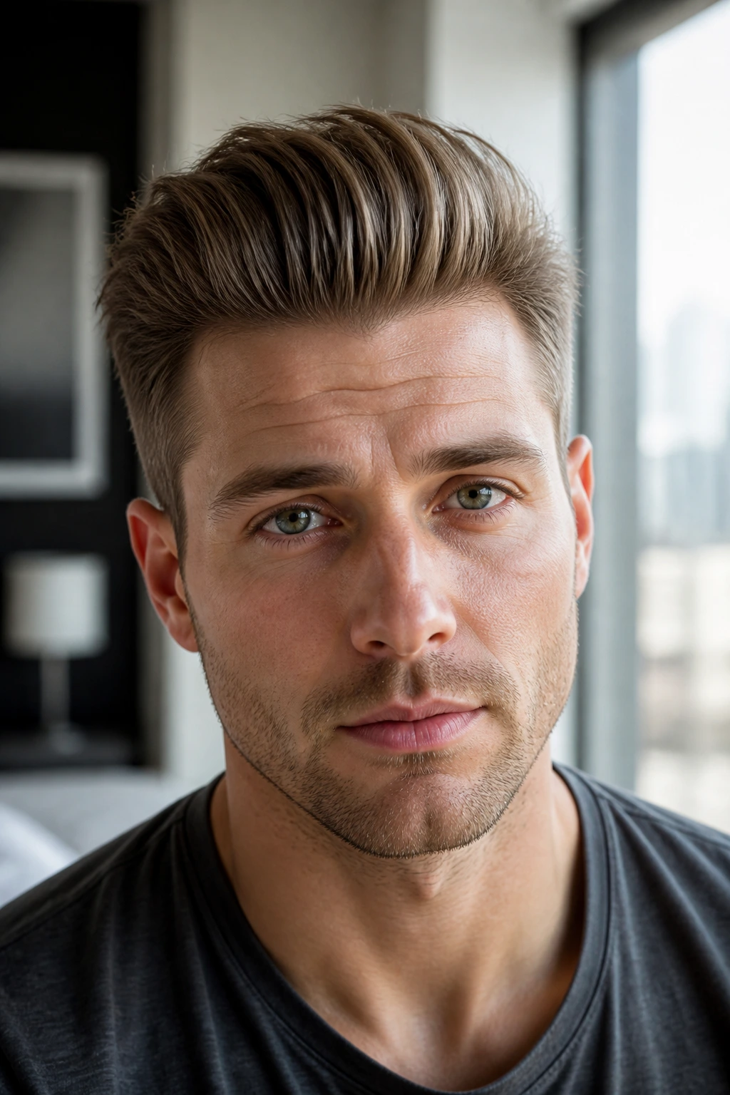 Close-up portrait of a man with a fine hair pompadour in natural daylight.