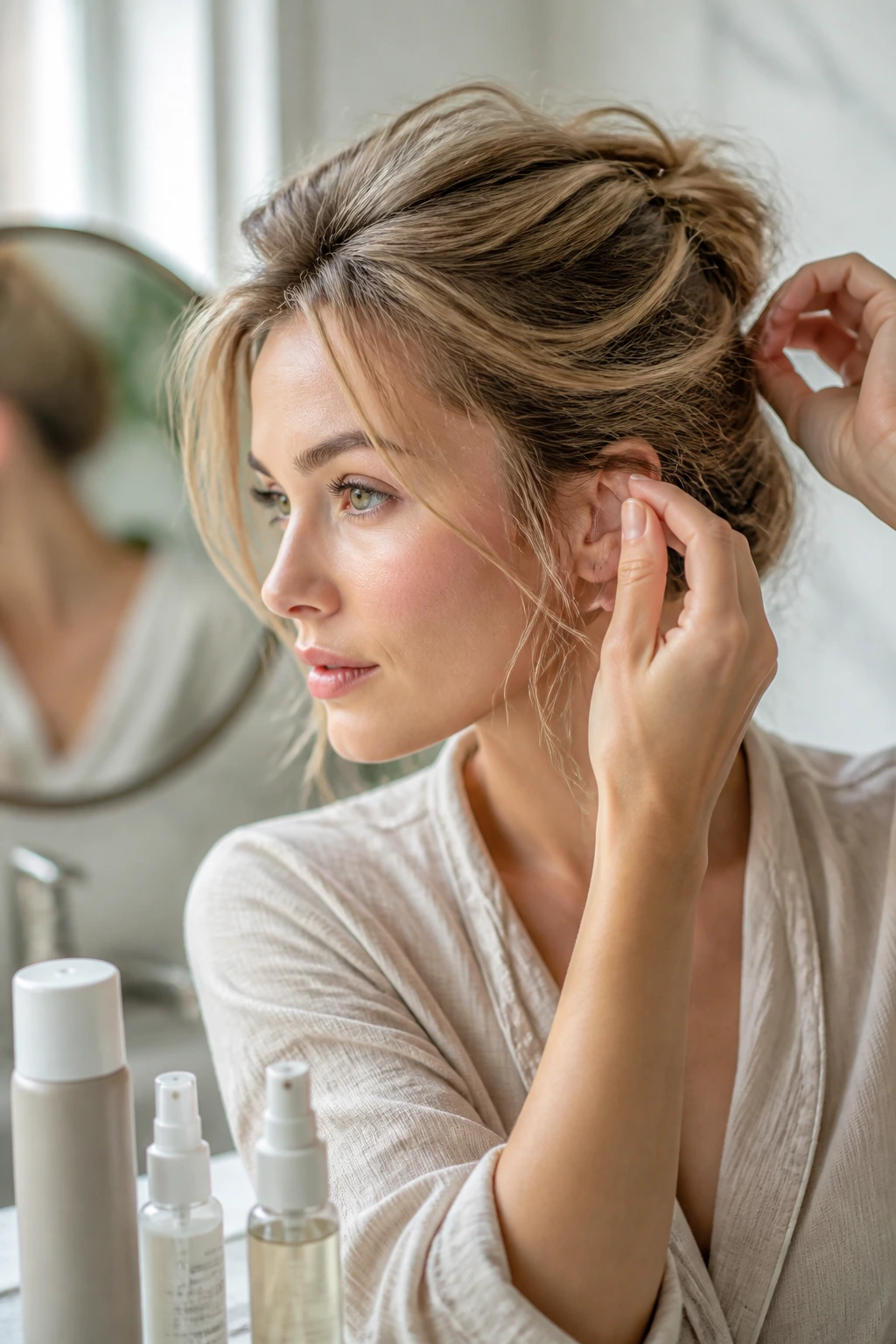 Close-up portrait of a real person with fine hair and lightweight hair products on a bathroom vanity