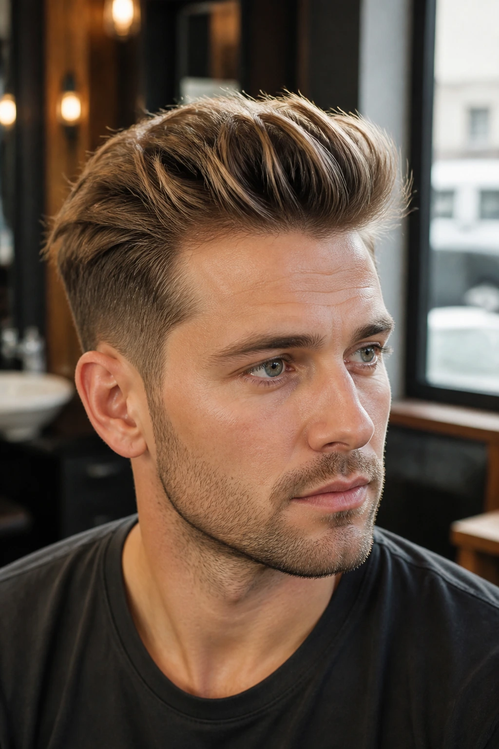 Close-up portrait of a man with fine-hair quiff in a barber shop