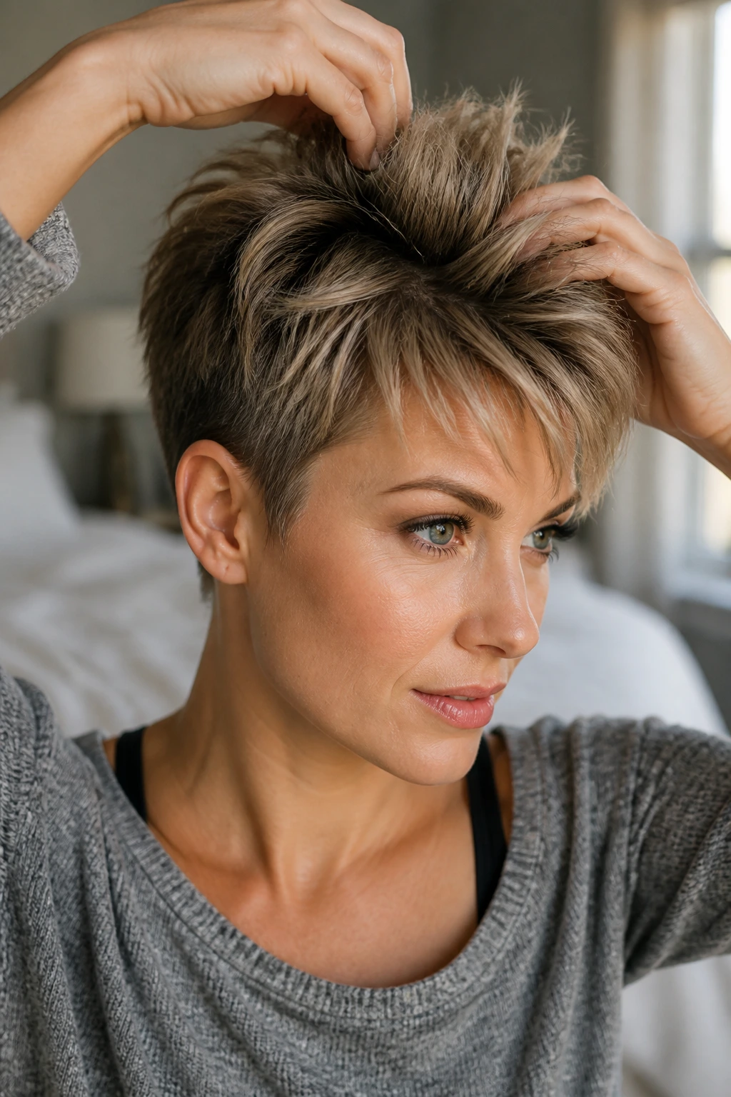 Portrait of a real person with a short textured haircut and lifted crown.